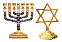 Kit Candelabro Menorah Judaico 12 Tribos Azul + Estrela Davi