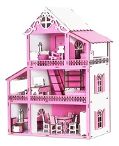 Casa De Boneca Madeira Mdf Pintada Frente Rosa 60cm 25 Móvei