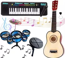 Kit Musical Violão +teclado +bateria Infantil Com Banquinho