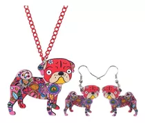 Set Collar Y Aretes Perro Pug Bonsny Tipo Bling-bling Rosado