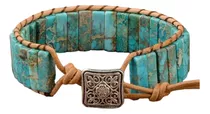 Brazalete De Cuero Con Cuentas De Tubo De Piedra Natural Color Turquesa