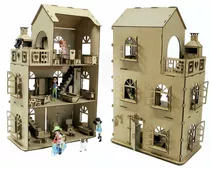 Casa Casinha Para Boneca + 28 Mini Móveis Mdf Cru B