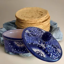Tortillero Talavera Tradicional Azul Y Blanco Floral