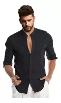 Camisa Maculina Gola Padre Viscolinho Manga Longa Slim Fit