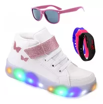 Tênis Feminino Infantil De Led Borboleta + Óculos E Relógio