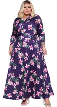 Vestido Plus Size Estampas Floral Comprido Manga Longa