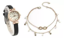 Relógio Feminino Dourado Pulseira Em Couro Pequeno Kit Joias Cor Da Correia Preto Cor Do Fundo Branco