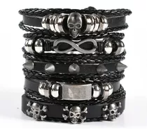 Pulsera Brazalete Cuero Rock Punk Calavera 5 En 1 Vintage 