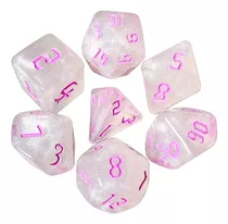 Conjunto Dados Rpg Rosa Translúcido Com 7 D&d + Bolsinha Cor Perolado Rosa