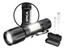 Linterna Tactica Led Spica X-4 Recargable Luz Blanca 3 Modos De Iluminacion Carga Usb Militar Gancho Clip