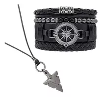 Pulseiras Masculinas De Couro Kit C/04 + Colar Masculino