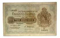 Malvinas O Falkland Antiguo Billete De 10 Chelines Muy Bien.