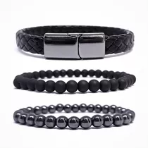 Kit 3 Pulseiras Masculinas Couro Hematita Bolinha Preta 6mm