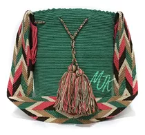 Mochila Wayuu Unicolor Verde Olivo Grande Original