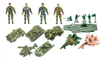 Kit Brinquedos Veículos Militares Soldados Miniatura 17 Pçs
