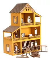 Casa Casinha De Boneca Amarela Polly Mdf +36móveis+parquinho