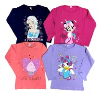 Remeras Manga Larga Algodón Estampadas T. 2 Al 18 Pack X6