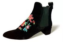 Botas Botineta De Gamuza Bordada Flores Negra Talle 38