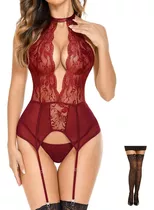 Liguero Encaje Medias Lencería Mujer Baby Doll Conjunto Sexy