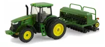 Miniatura Trator John Deere 7215r Com Semeadora Cor Verde