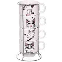 Torre Mug Set Pocillos Gato Chi  X4 Unidades En Cerámica