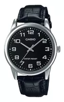 Reloj De Pulsera Casio Enticer Mtp-v001 De Cuerpo Color Plateado, Analógico, Para Hombre, Fondo Negro, Con Correa De Cuero Color Negro, Agujas Color Plateado, Dial Plateado, Minutero/segundero Platead