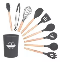 Set 10 Utensilios Cocina Madera Silicona Antiadherente Calor