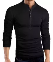 Playera Slim Fit Cuello Mao Con Botones Manga Larga De Moda