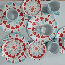 Vajilla De Porcelana 12 Piezas Diseño Floral Aqua. Nuevas. 