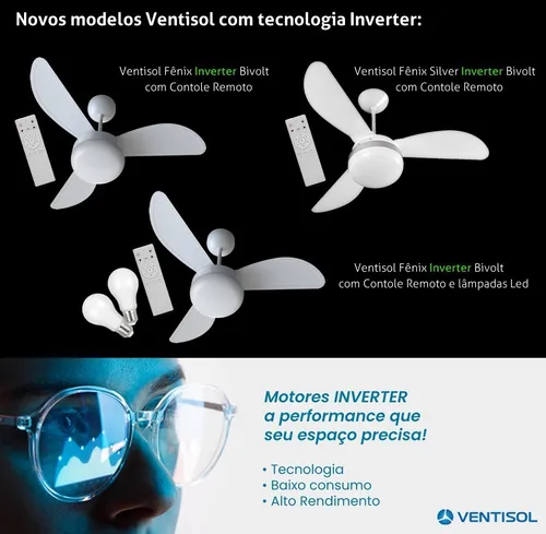 Ventilador de teto Ventisol Fenix Inverter Controle Remoto branco com 3 pás de plástico, 960 mm de diâmetro 127 V/220 V