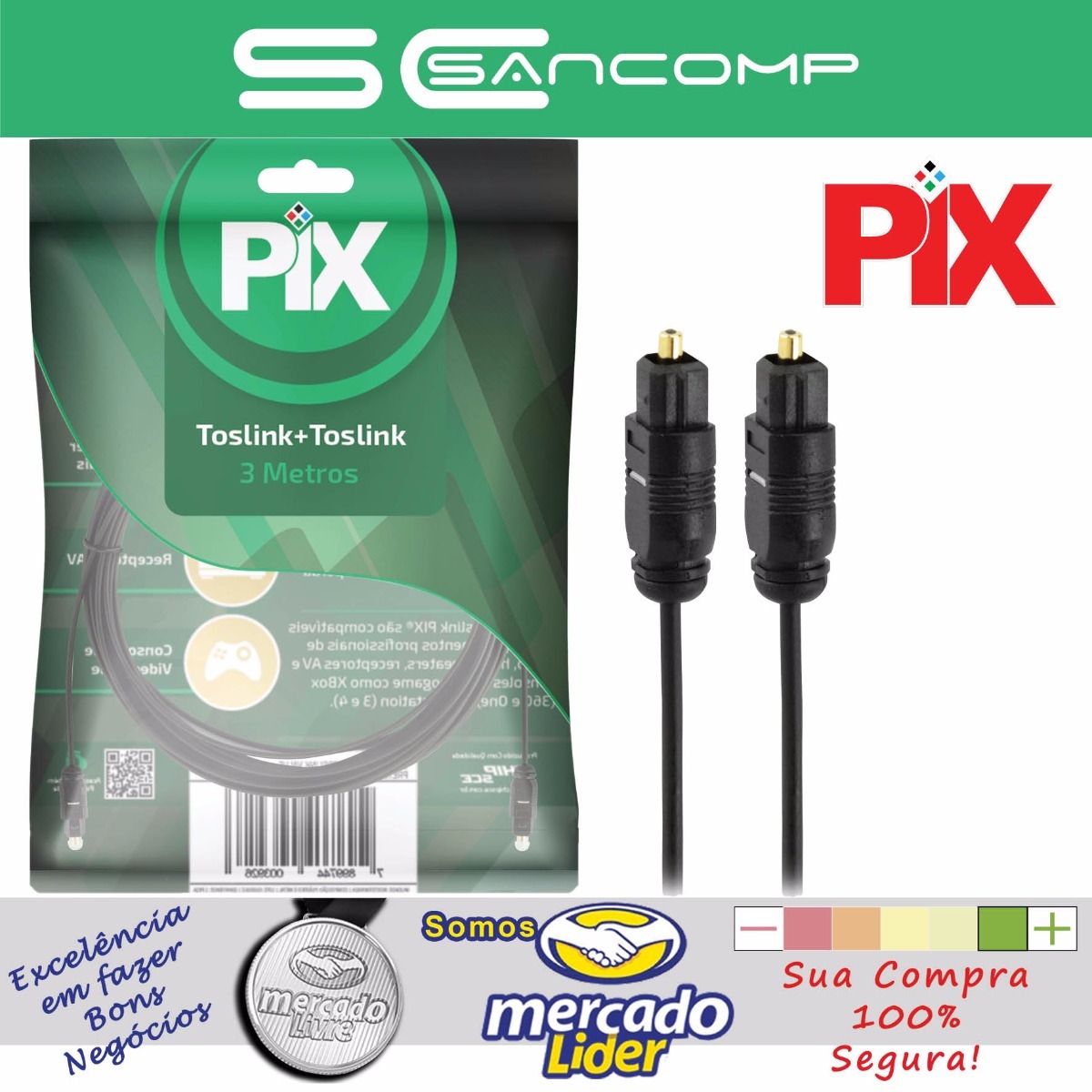 Cabo Óptico Digital 3 Metros Toslink pix 3m Plug Gold Novo Mercado Livre