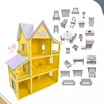 Casinha De Boneca + Kit 30 Moveis Em Mdf Pintado Cor Amarelo