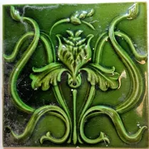 Antiguo Azulejo Mayólica Relieve Verde Made In England 7579
