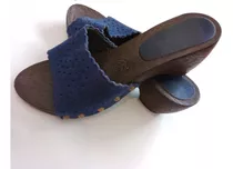 Zapatos En Madera Y Gamuza Azules Talle 37 Zuecos 