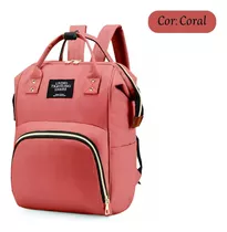 Mochila Bolsa Para Maternidade Térmica Bebe Menino Cor Rosa Coral Desenho Do Tecido Liso