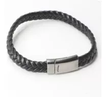 Pulsera Negra Cuero Trenzado Cierre Plateado Magnetico