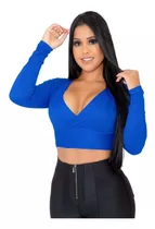 Cropped Canelado Manga Longa Gola Alta C/ Decote De Frio Top