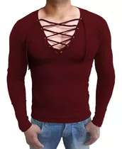 Blusa Básica Gola V Slim Masculina Com Cordão Manga Longa