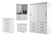 Combo Ropero Armario Dormitorio 2 Puertas Comoda Mesa De Luz Color Blanco