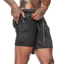 Short Gimnasio Licra Bolsillo Poliester Hombre Negro Y Rojo