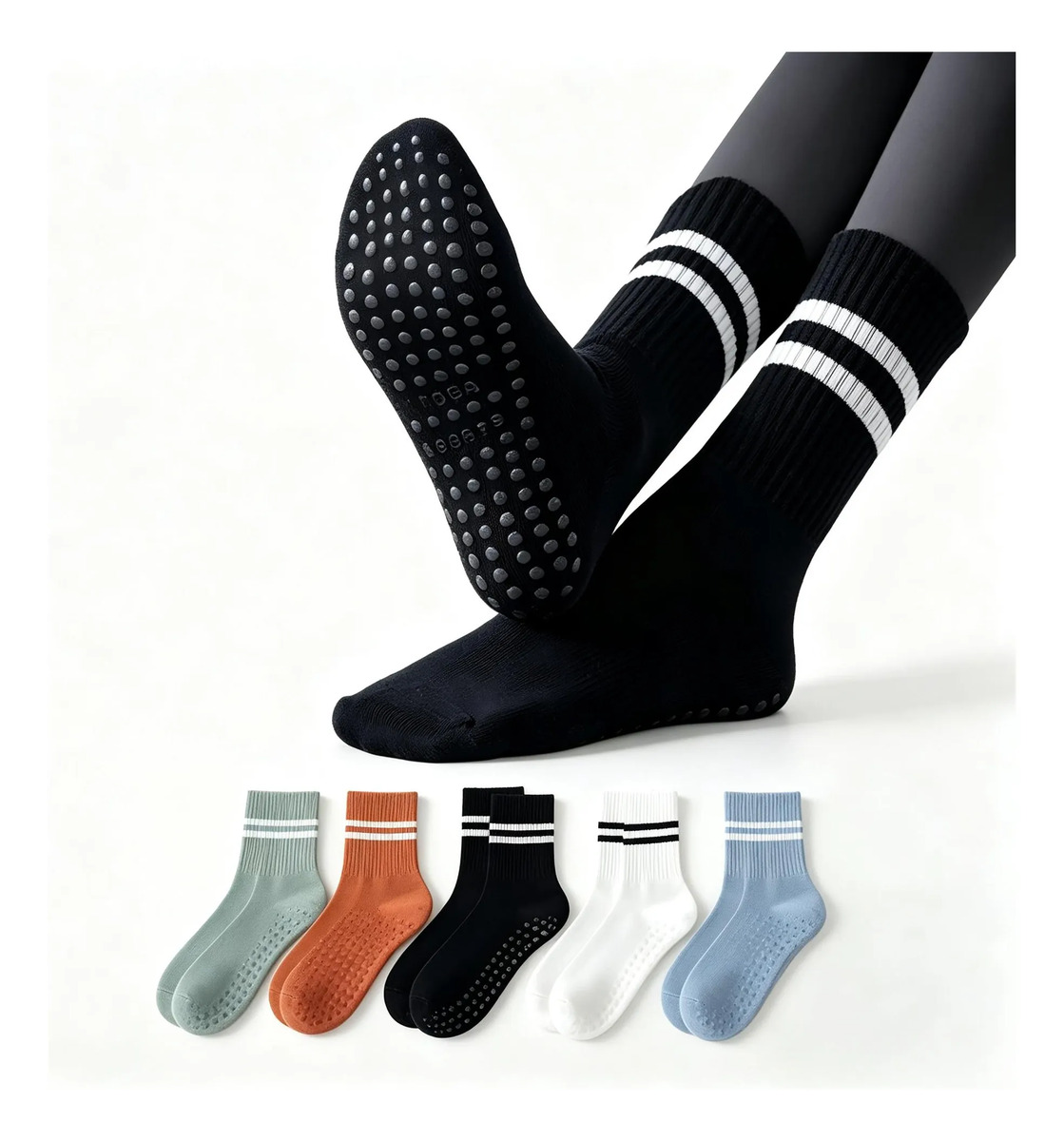 5 Pares De Calcetines Yoga De Largos Antideslizantes Mujeres Blanco-negro-naranja-azul-verde Tamaño Medio
