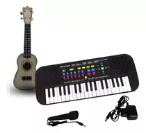 Kit Teclado Infantil 37 Teclas C/ Microfone E Fonte+ukulele 