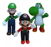 Kit 3 Bonecos Grandes Super Mario Preto, Luigi E Yoshi