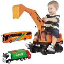 3 Brinquedo Escavadeira Giant + Onibus Iveco + Caminhão Lixo