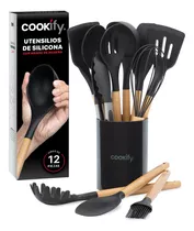 Set 12 Utensilios De Cocina Cookify De Silicona Y Madera: Incluye Base. Perfectos Para Cocinar Y Hornear, Protegen Tus Sartenes. Duraderos Y Seguros. 