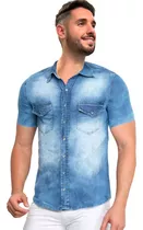 Camisa Jeans Masculina Manga Curta Bolso Lycra Slim Fit Luxo