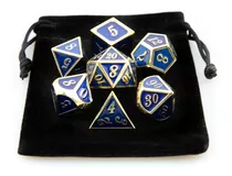 Kit 7 Dados Rpg Metal D&d Cor Azul C/ Dourado + 1 Bolsa