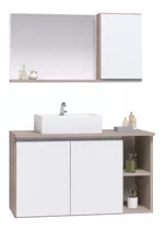 Gabinete Armario Banheiro Virtus 80cm - Puxador Aluminio Cor Da Pia Branca Cor Do Móvel Madeirado/branco