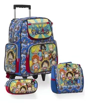 Kit Mochila Infantil Rodinha One Piece Anime Cor Azul Tam G