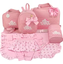 Kit Saida + Bolsa Maternidade 5 Pçs Nuvem Rosa Menina